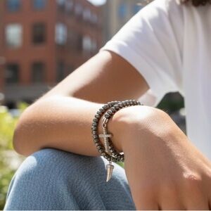 SET OF 2 TAI Gunmetal Gray Small Bead Bracelets Crystal Horn & Cross